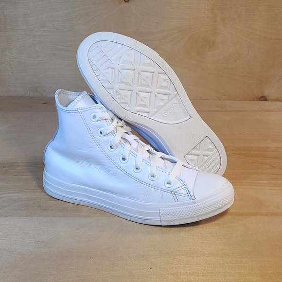 Converse All White Leather High-Top Unisex Sneakers - Picture 8 of 9